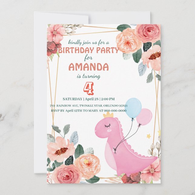 Cute dino crown balloon flora Birthday Party  Invitation (Front)