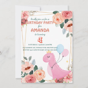 Cute dino crown balloon flora Birthday Party Invitation