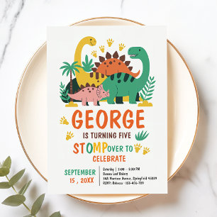 Cute Dino Dinosaur Jungle World 5th Birthday Invitation
