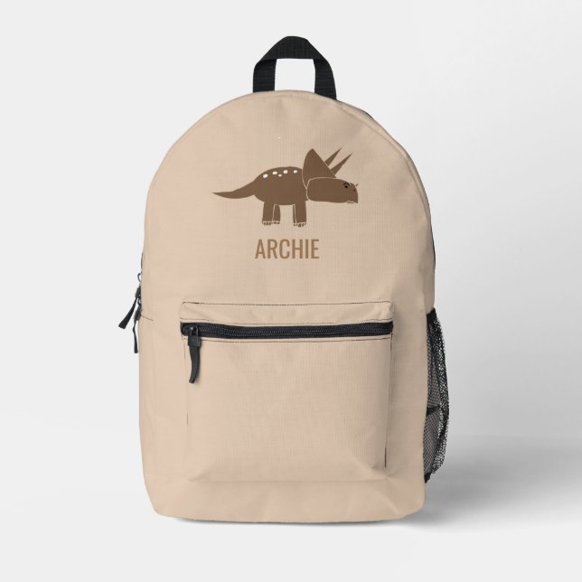 Cute Dino Dinosaur Personalised Beige Printed Backpack (Front)