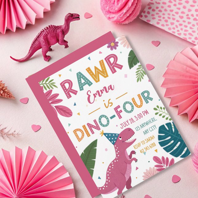  Cute Dino-Four Pink Dinosaur Girl 4th Birthday Invitation (Creator Uploaded)