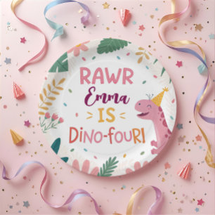 Cute Dino-Four Pink Dinosaur Girl 4th Birthday Paper Plate