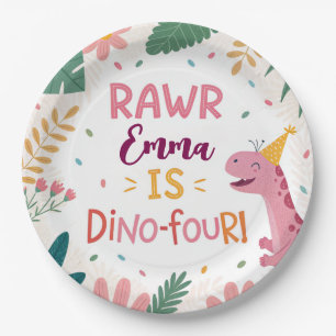 Cute Dino-Four Pink Dinosaur Girl 4th Birthday Paper Plate