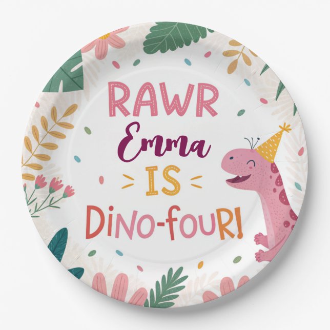 Cute Dino-Four Pink Dinosaur Girl 4th Birthday Paper Plate (Front)