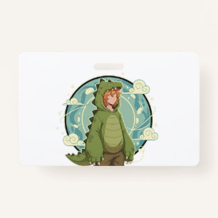 Cute Dino Friend Anime Boy - Green Dinosaur ID Badge