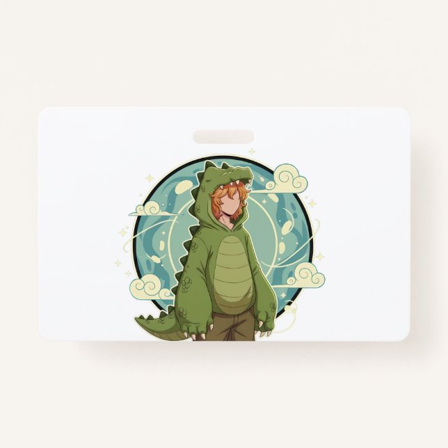 Cute Dino Friend Anime Boy - Green Dinosaur ID Badge (Front)