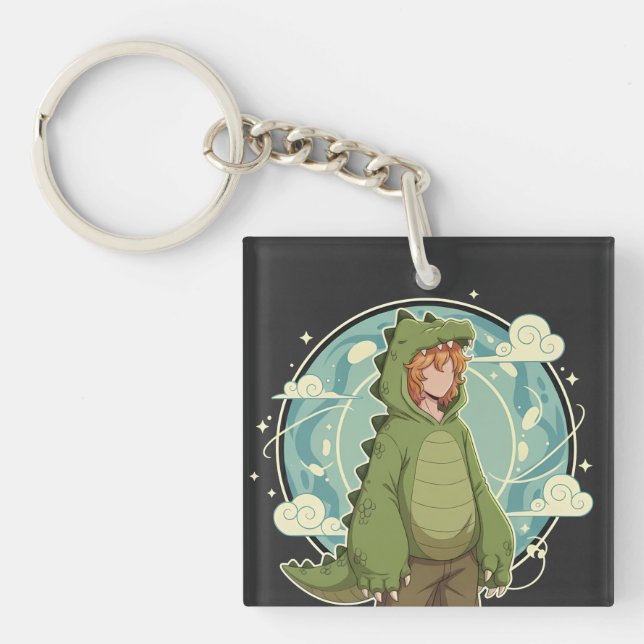 Cute Dino Friend Anime Boy - Green Dinosaur Key Ring (Front)