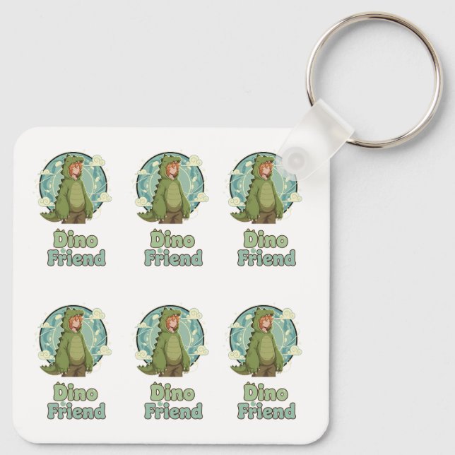 Cute Dino Friend Anime Boy - Green Dinosaur Key Ring (Back)