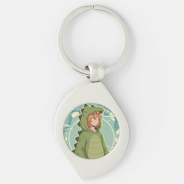 Cute Dino Friend Anime Boy - Green Dinosaur Key Ring (Front)