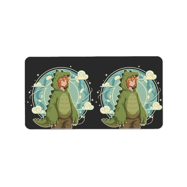 Cute Dino Friend Anime Boy - Green Dinosaur Label (Front)