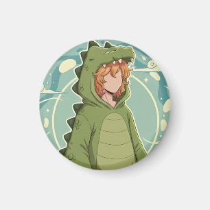 Cute Dino Friend Anime Boy - Green Dinosaur Magnet