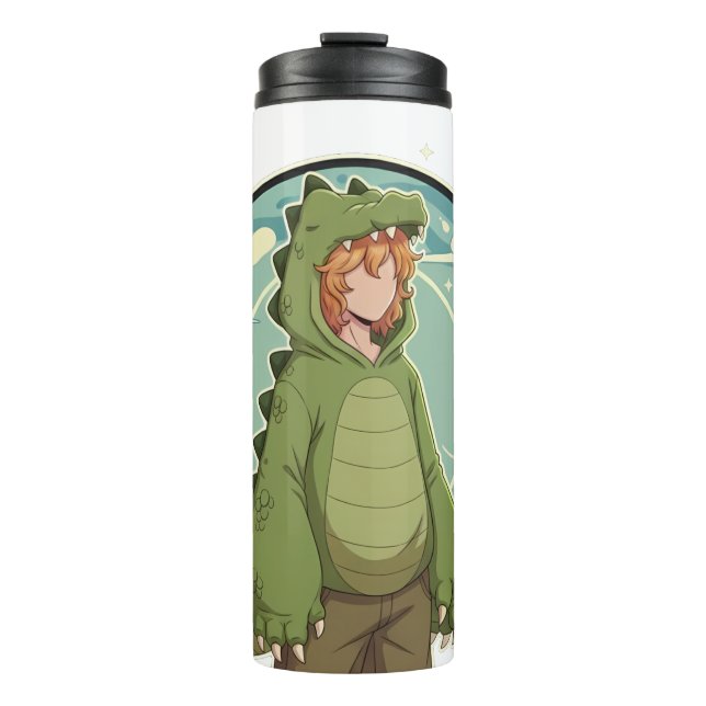 Cute Dino Friend Anime Boy - Green Dinosaur Thermal Tumbler (Front)