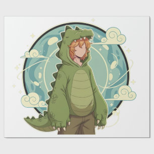 Cute Dino Friend Anime Boy - Green Dinosaur Wrapping Paper