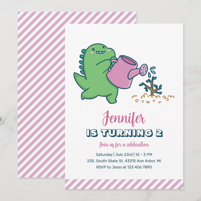 Cute Dino Gardening Kids Dinosaur Birthday Invitation (Front/Back)