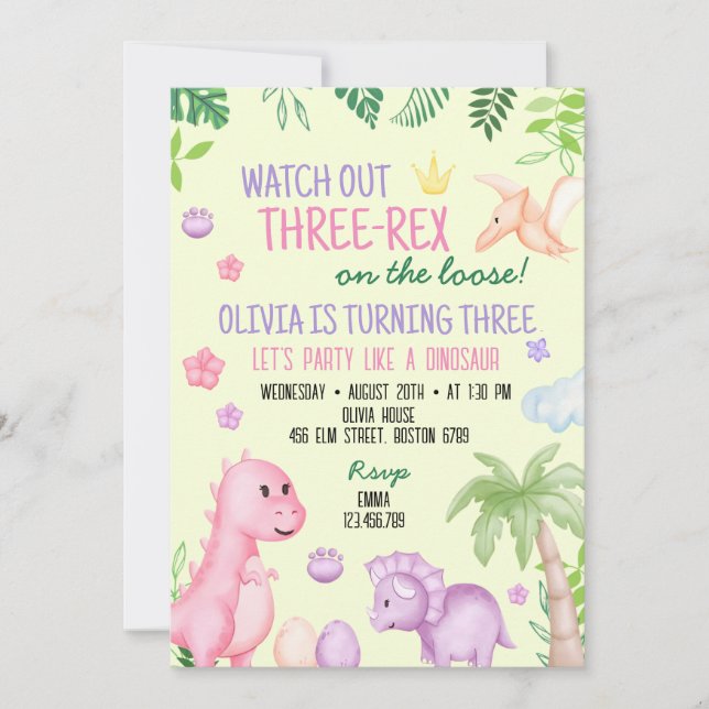 Cute Dino Girl Birthday Party Invitation (Front)