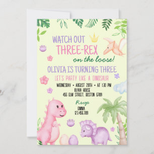 Cute Dino Girl Birthday Party Invitation