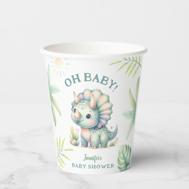 Cute Dino Jungle Triceratops Dinosaur Baby Shower Paper Cups (Front)