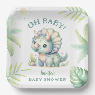 Cute Dino Jungle Triceratops Dinosaur Baby Shower Paper Plate