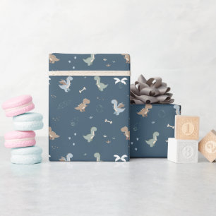 Cute Dino Patern Blue Wrapping Paper Roll