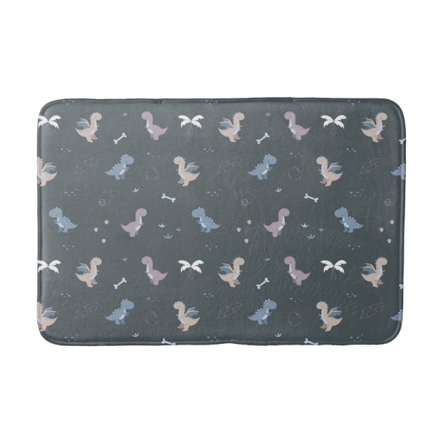 Cute Dino Patern Bluish Grey Bath Mat (Front)