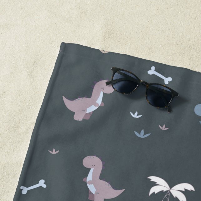 Cute Dino Patern Bluish Grey Beach Towel (In Situ)