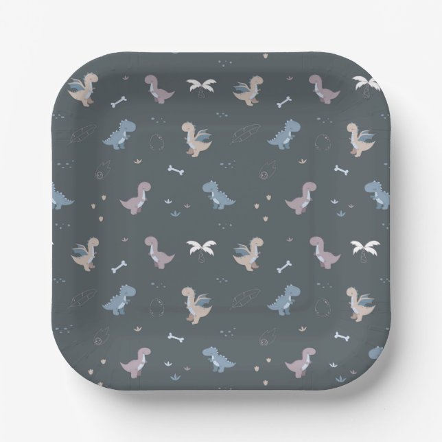 Cute Dino Patern Bluish Grey Paper Plates (Front)