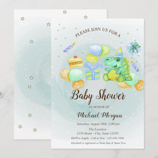 Cute dino Presents,Balloons,Cake Invitation (Front/Back)