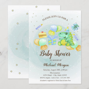 Cute dino Presents,Balloons,Cake Invitation