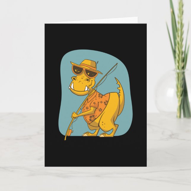 Cute Dino Rex going Fishing Kids Gift Card (Front)