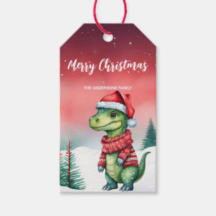Cute Dino Santa Christmas party holiday Snow kids Gift Tags