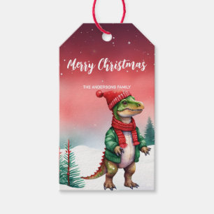 Cute Dino Santa Christmas party holiday Snow kids Gift Tags