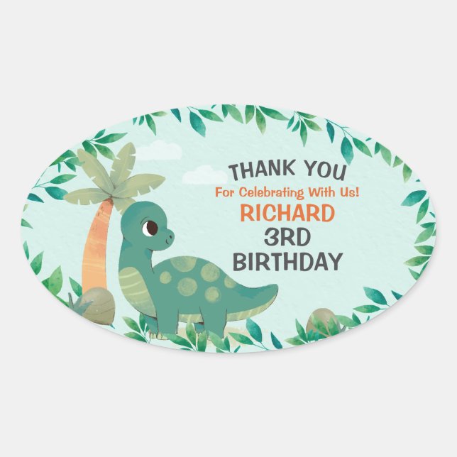 Cute Dino Themed Kid's Birthday Party Oval Sticker (Front)