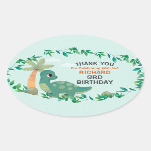 Cute Dino Themed Kid's Birthday Party Oval Sticker