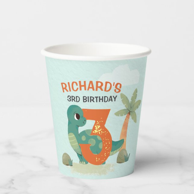 Cute Dino Themed Kid's Birthday Party Paper Cups (Front)