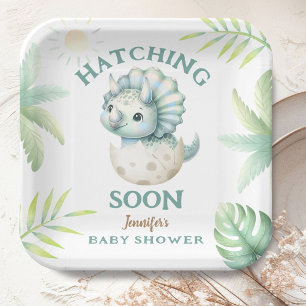 Cute Dino Triceratops Dinosaur Boy Baby Shower Paper Plate