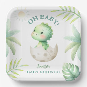 Cute Dino Tropical Dinosaur Baby Shower Paper Plate