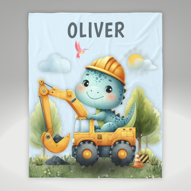 Cute Dino Using Construction Vehicle Watercolor Fleece Blanket (Creator Uploaded)