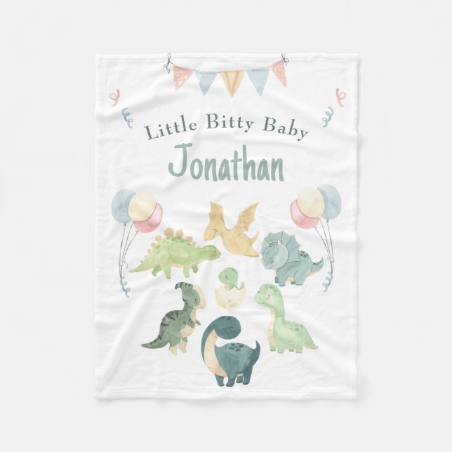 Cute Dino Watercolor Personalised Teal Blue Baby Fleece Blanket (Front)