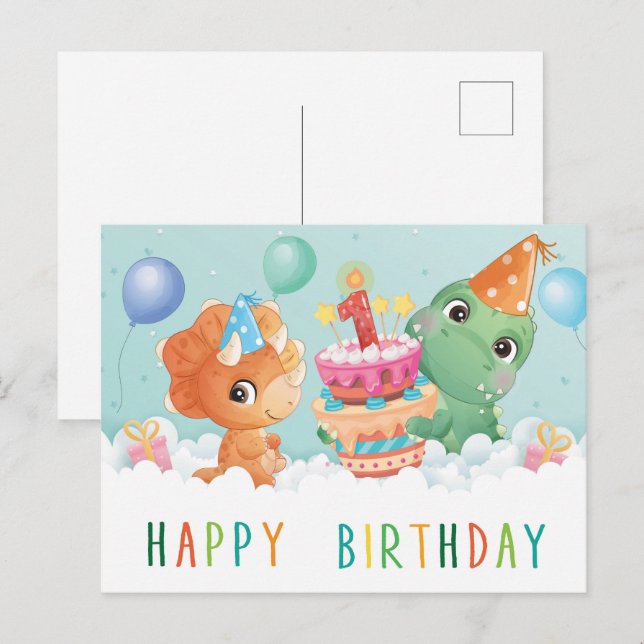 cute dinosaur 1st birthday card (Front/Back)