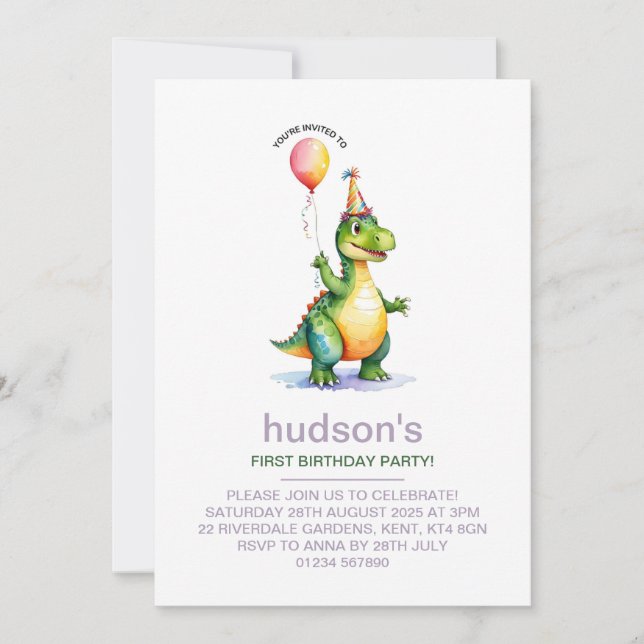 Cute Dinosaur 1st Birthday Invitation for Boys  (Front)