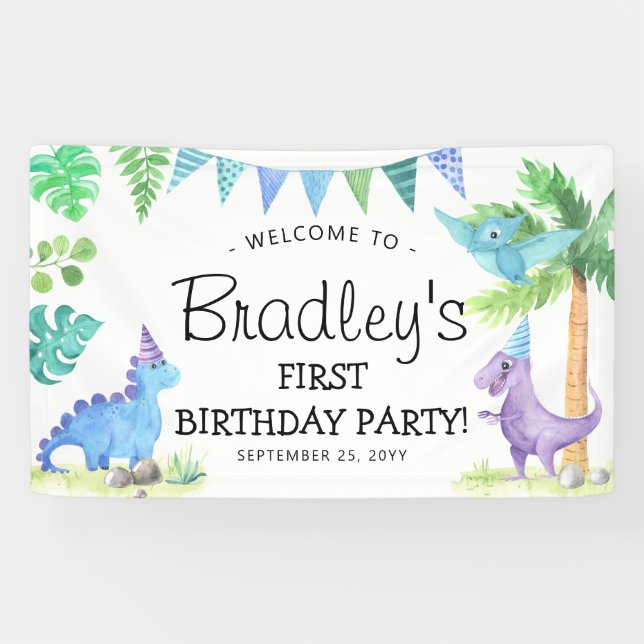 Cute Dinosaur 1st Birthday Party Banner (Horizontal)