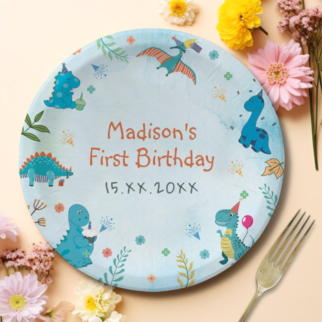Cute Dinosaur 1st Birthday Party Paper Plate (Creator Uploaded)