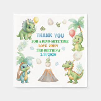 Cute Dinosaur 3rd Birthday Party Napkins | Green &
