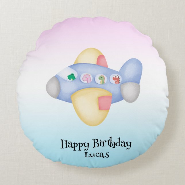 Cute dinosaur aeroplane Student kids Birthday part Round Cushion (Front)