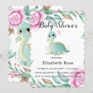Cute Dinosaur and Pink Peony Baby Shower Invites