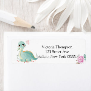 Cute Dinosaur and Pink Peony Baby Shower Label