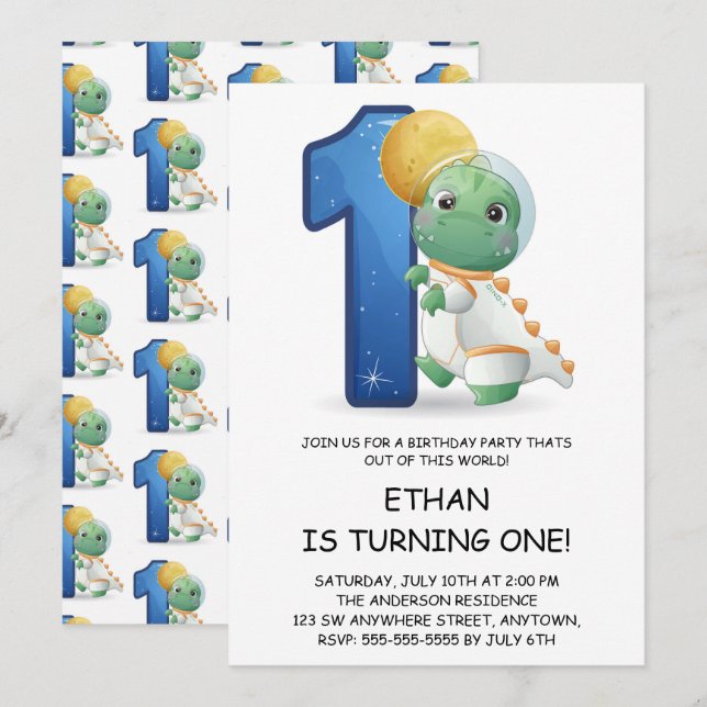 Cute Dinosaur Astronaut 1st Birthday Party Invitation (Front/Back)
