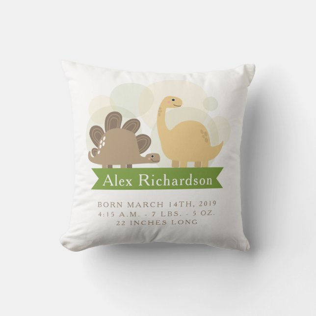 Cute Dinosaur Baby Birth Announcement Pillow (Front)
