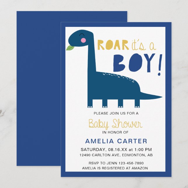 Cute Dinosaur baby shower Boy Blue Modern Invitation (Front/Back)