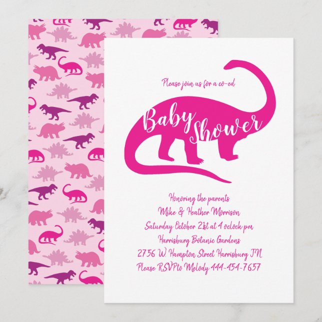 Cute Dinosaur Baby Shower Brontosaurus Pink Girl Invitation (Front/Back)